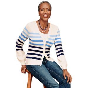 Talbots White + Blue Ribbed Button V Neck Breton Stripe Cardigan
